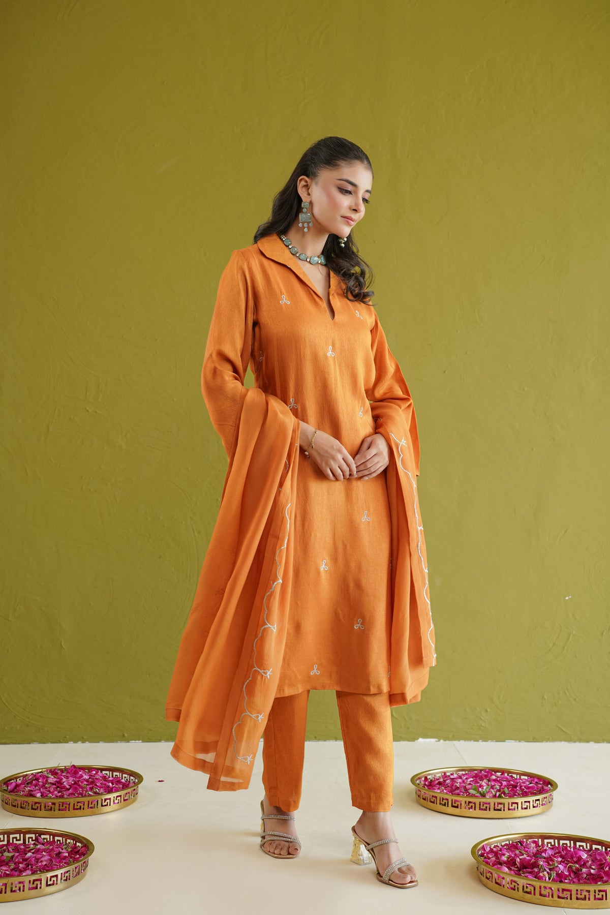 Burnt Orange Embroidered Tunic Set
