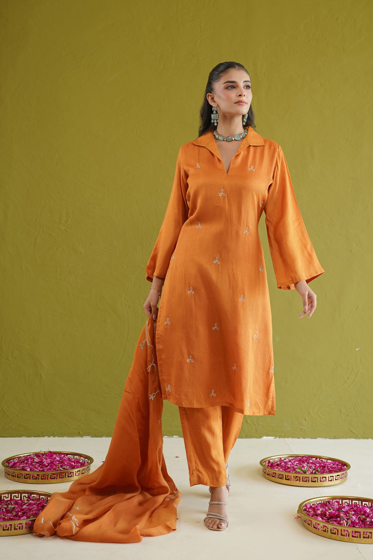 Burnt Orange Embroidered Tunic Set