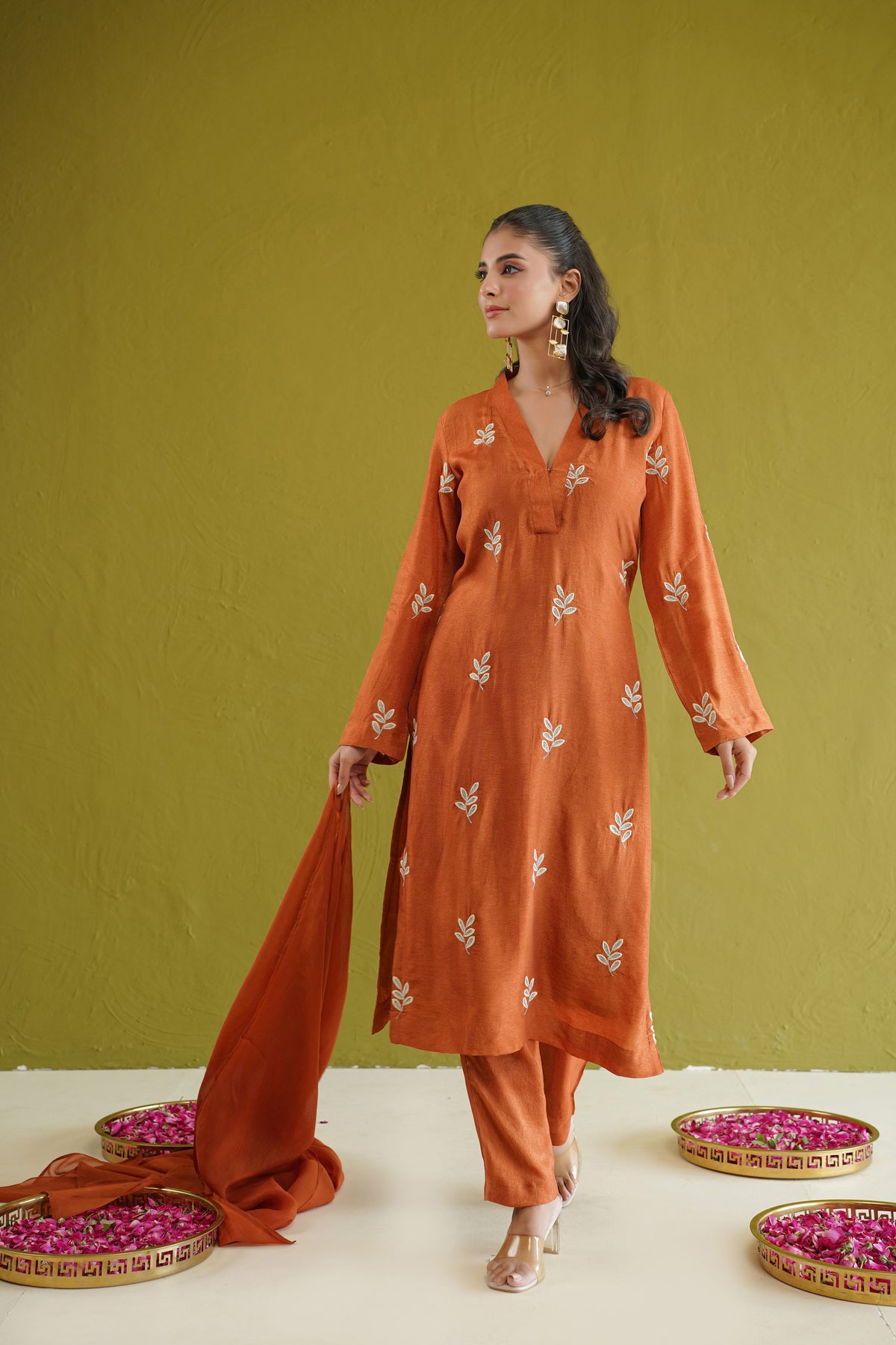 Rust Leaf Embroidered Suit Set