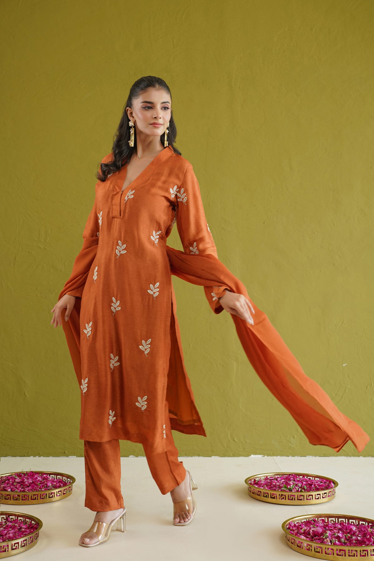 Rust Leaf Embroidered Suit Set