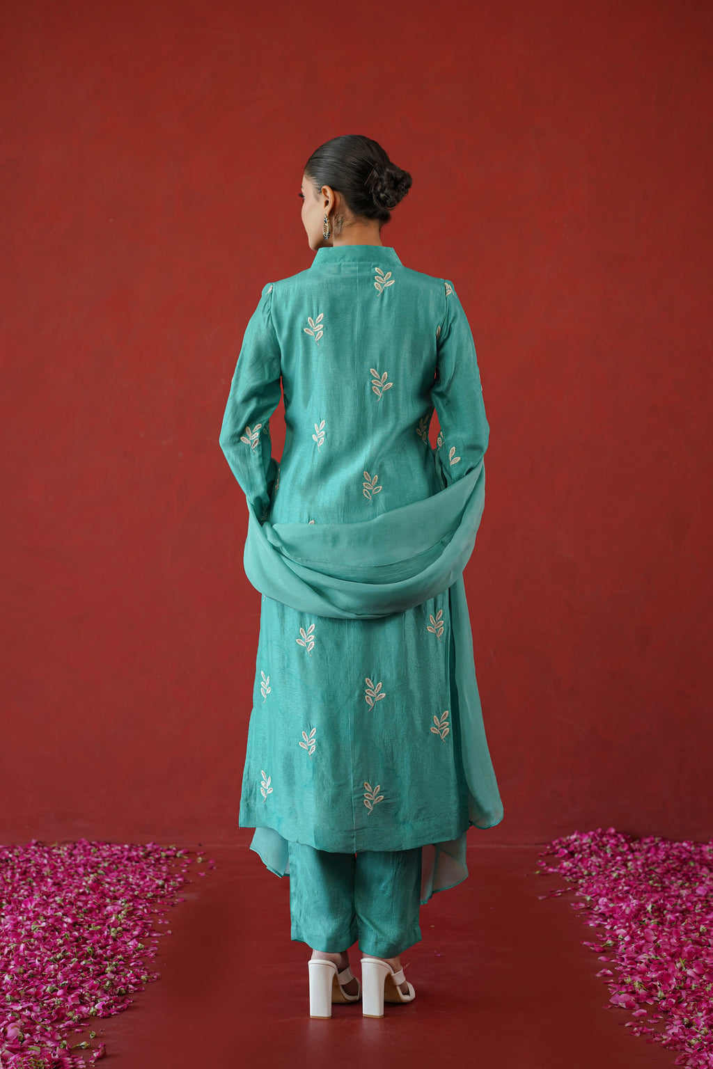 Teal Leaf Embroidered Suit Set