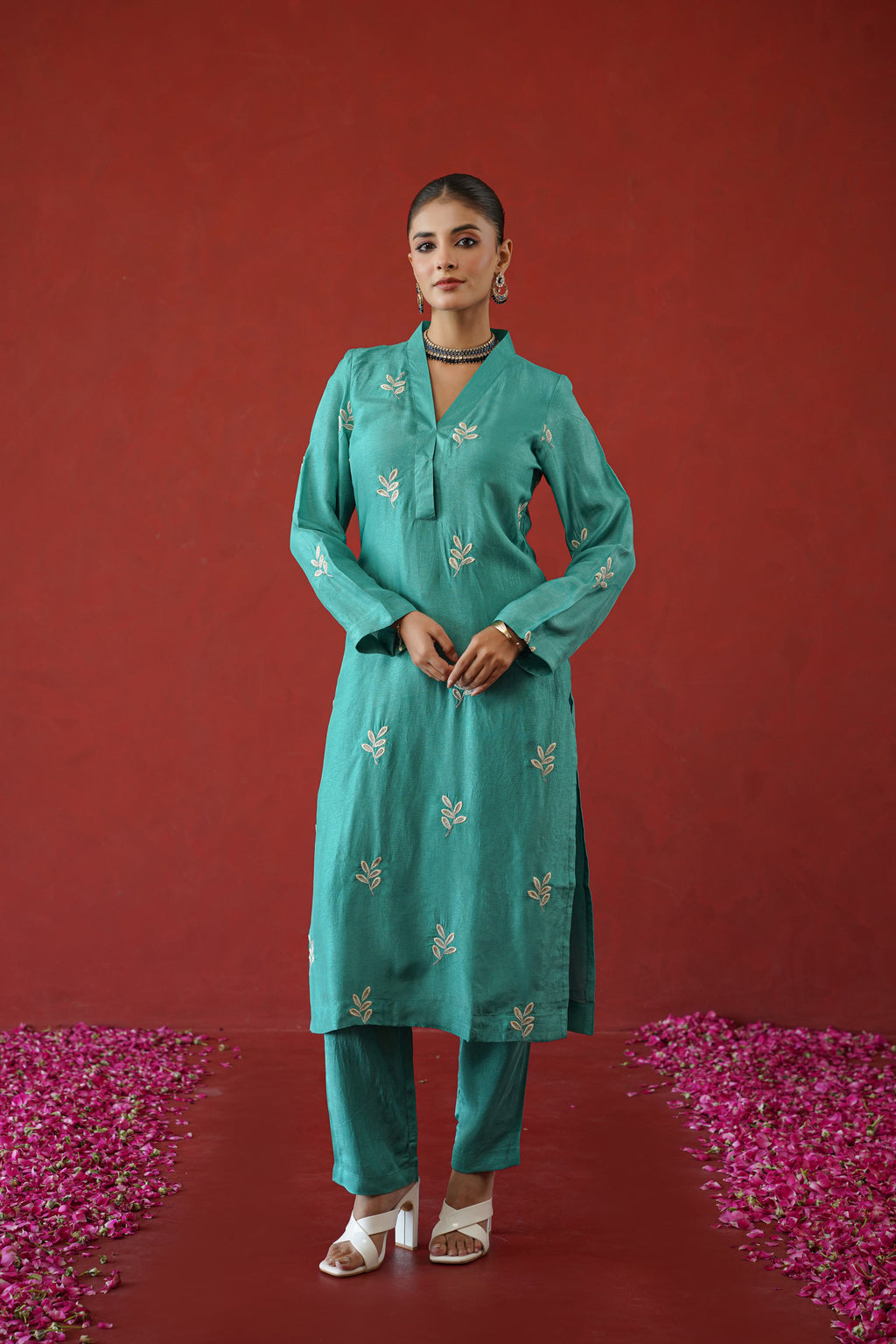 Teal Leaf Embroidered Suit Set