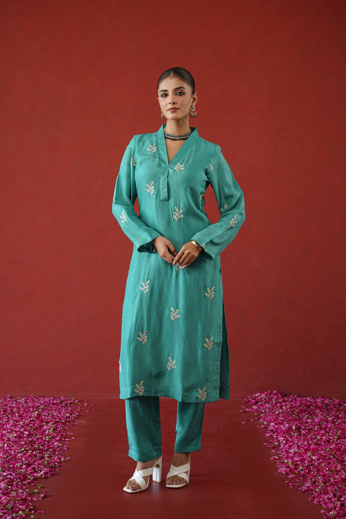 Teal Leaf Embroidered Suit Set