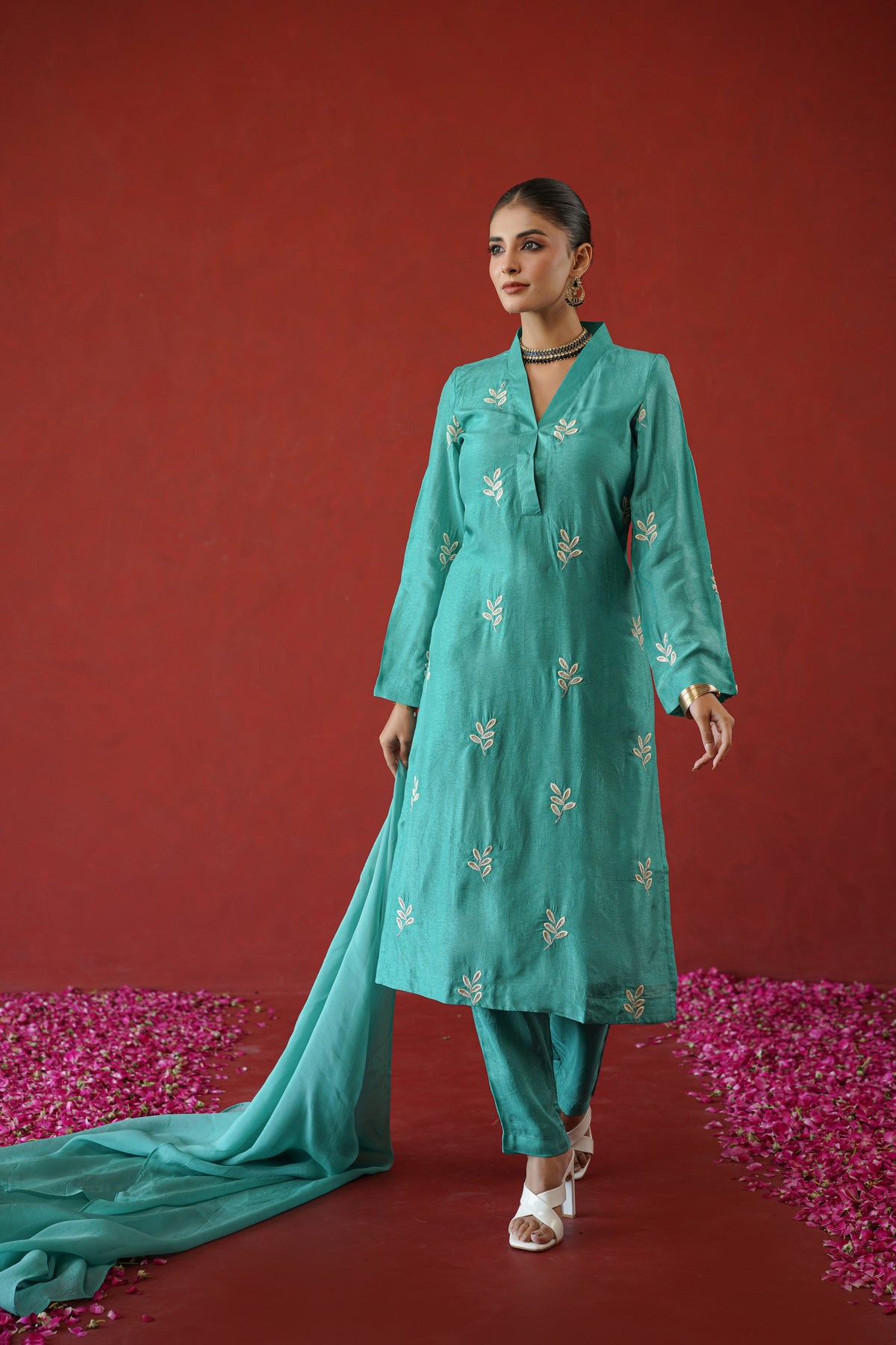 Teal Leaf Embroidered Suit Set