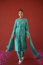 Teal Leaf Embroidered Suit Set