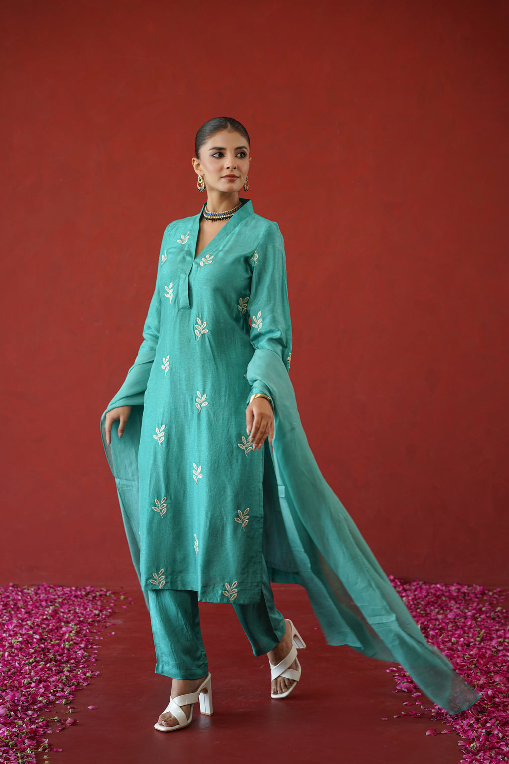 Teal Leaf Embroidered Suit Set