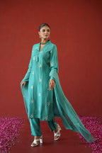 Teal Leaf Embroidered Suit Set