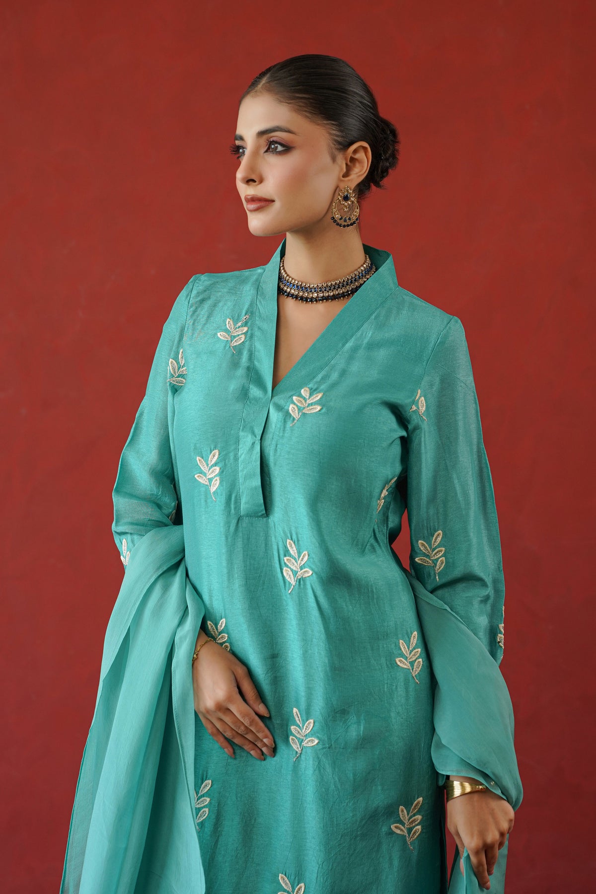 Teal Leaf Embroidered Suit Set