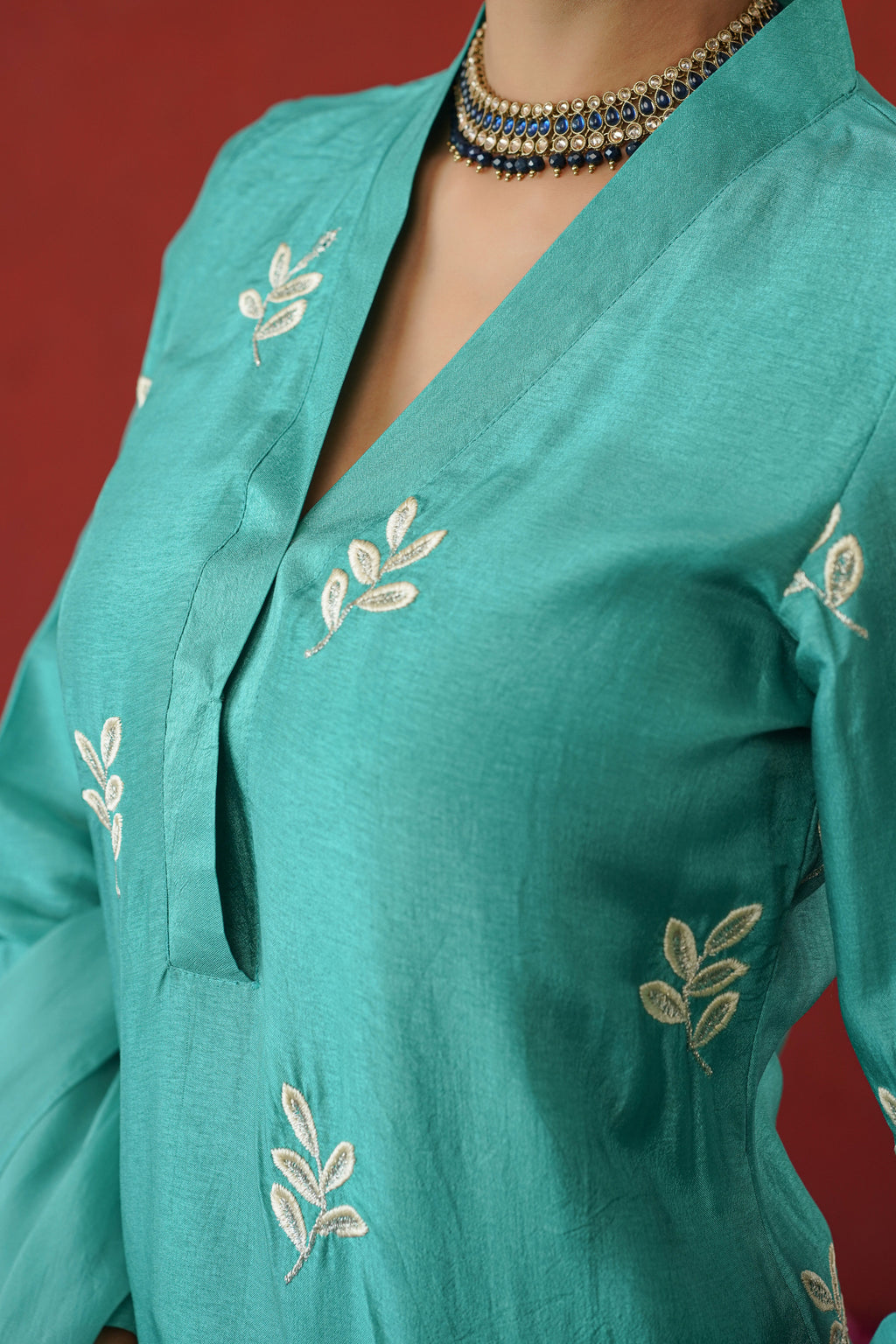 Teal Leaf Embroidered Suit Set
