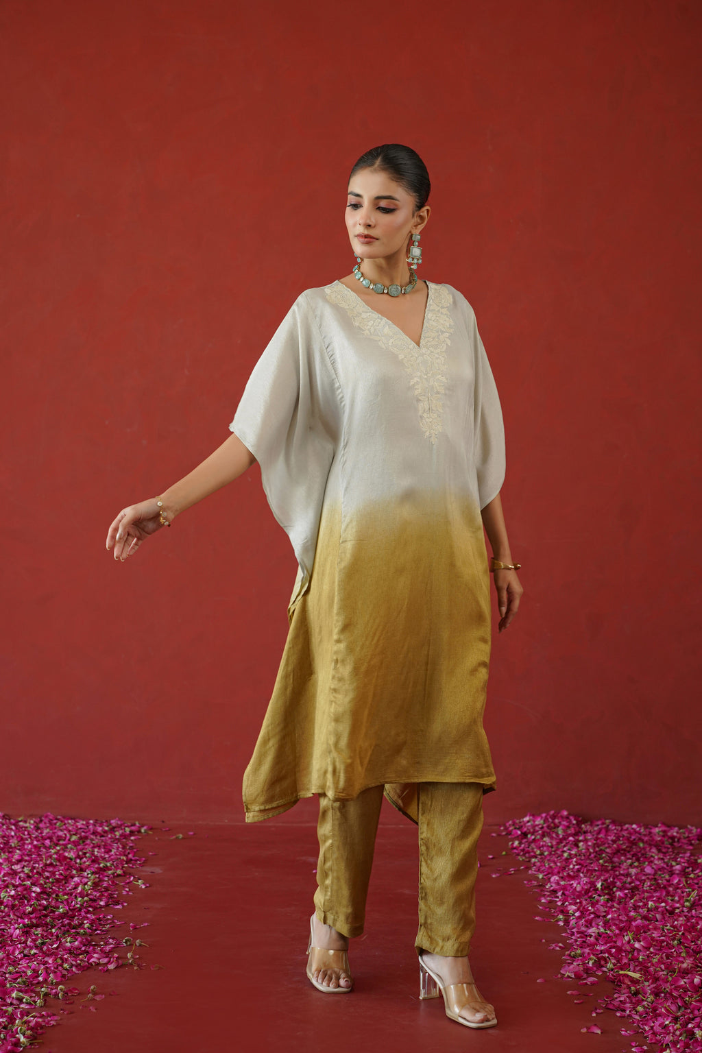Mustard Ombre Floral Embroidered Kaftan Set