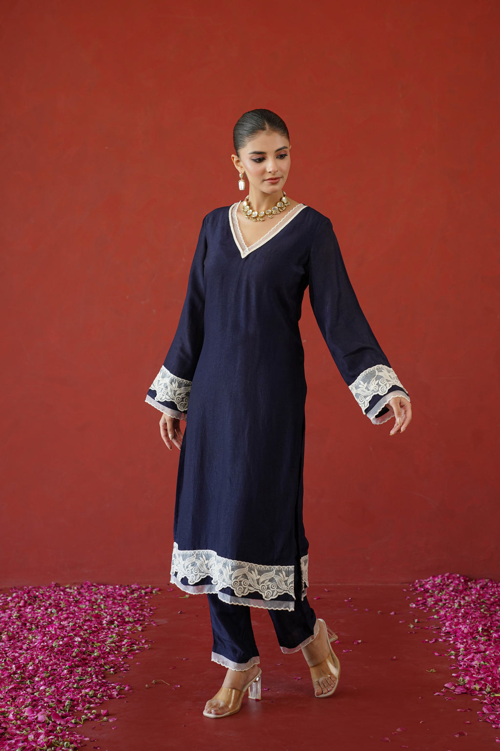 Navy Blue Floral Suit Set
