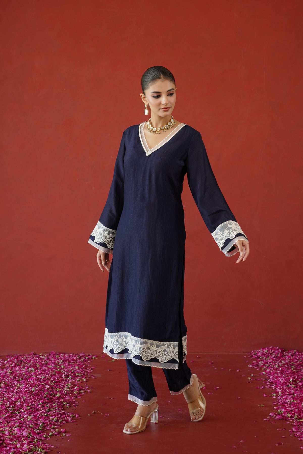 Navy Blue Floral Suit Set