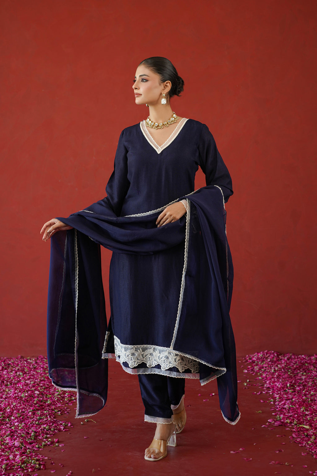 Navy Blue Floral Suit Set