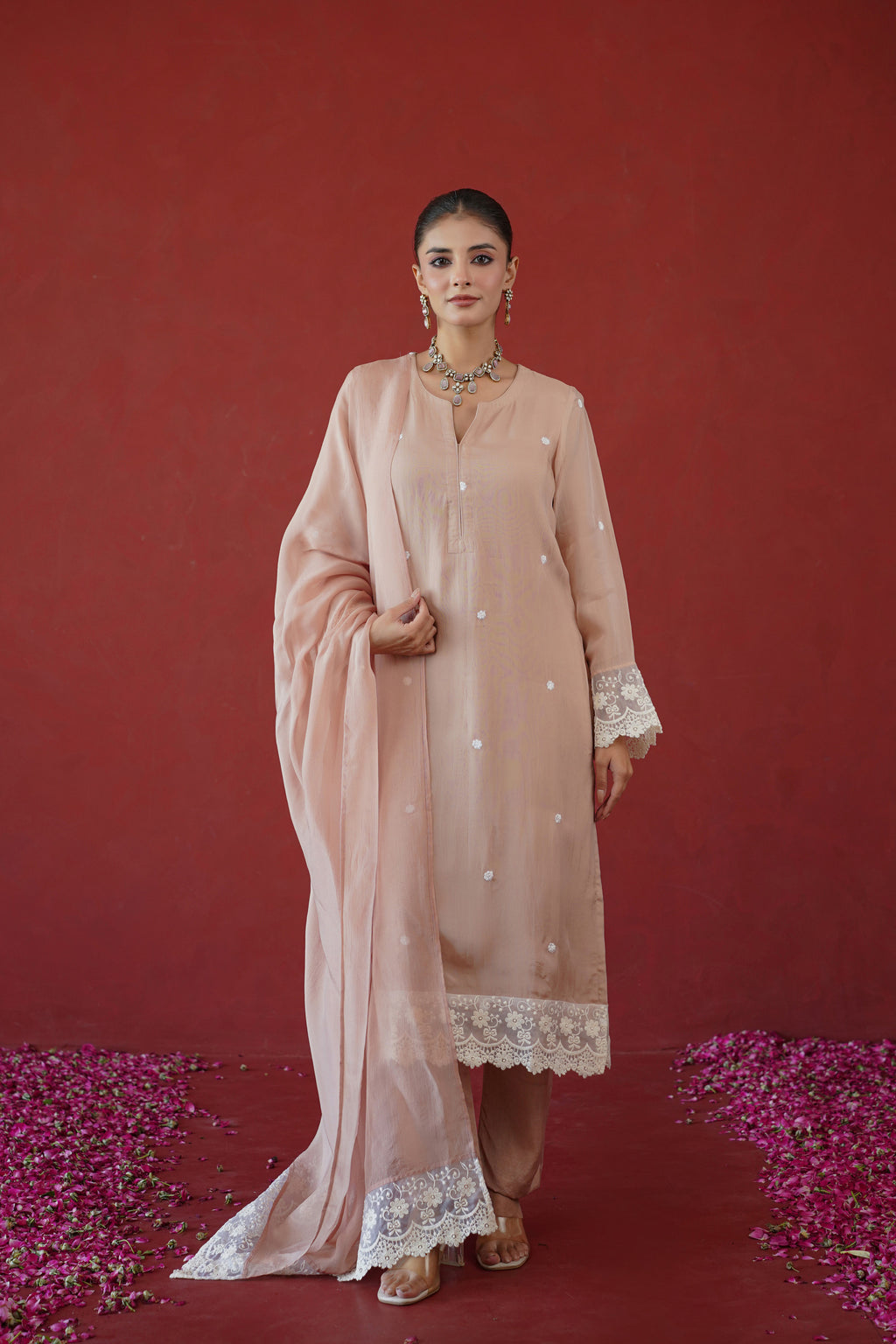 Blush Pink Floral Lace Suit Set