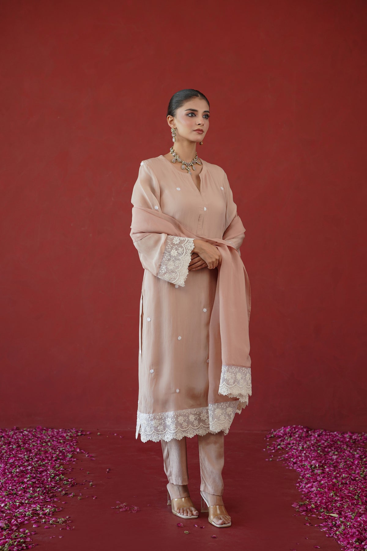 Blush Pink Floral Lace Suit Set