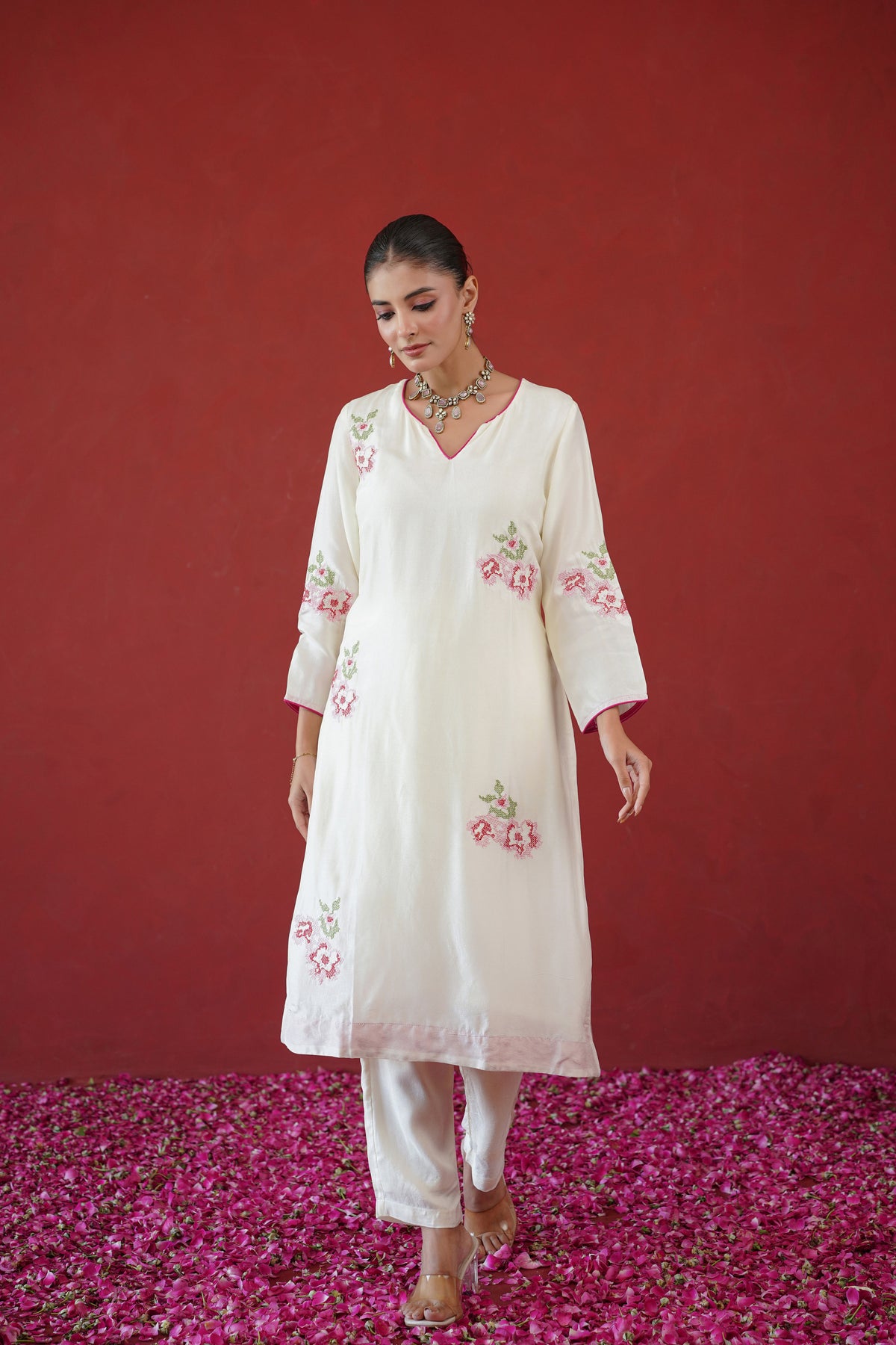 White Floral Embroidered Suit Set