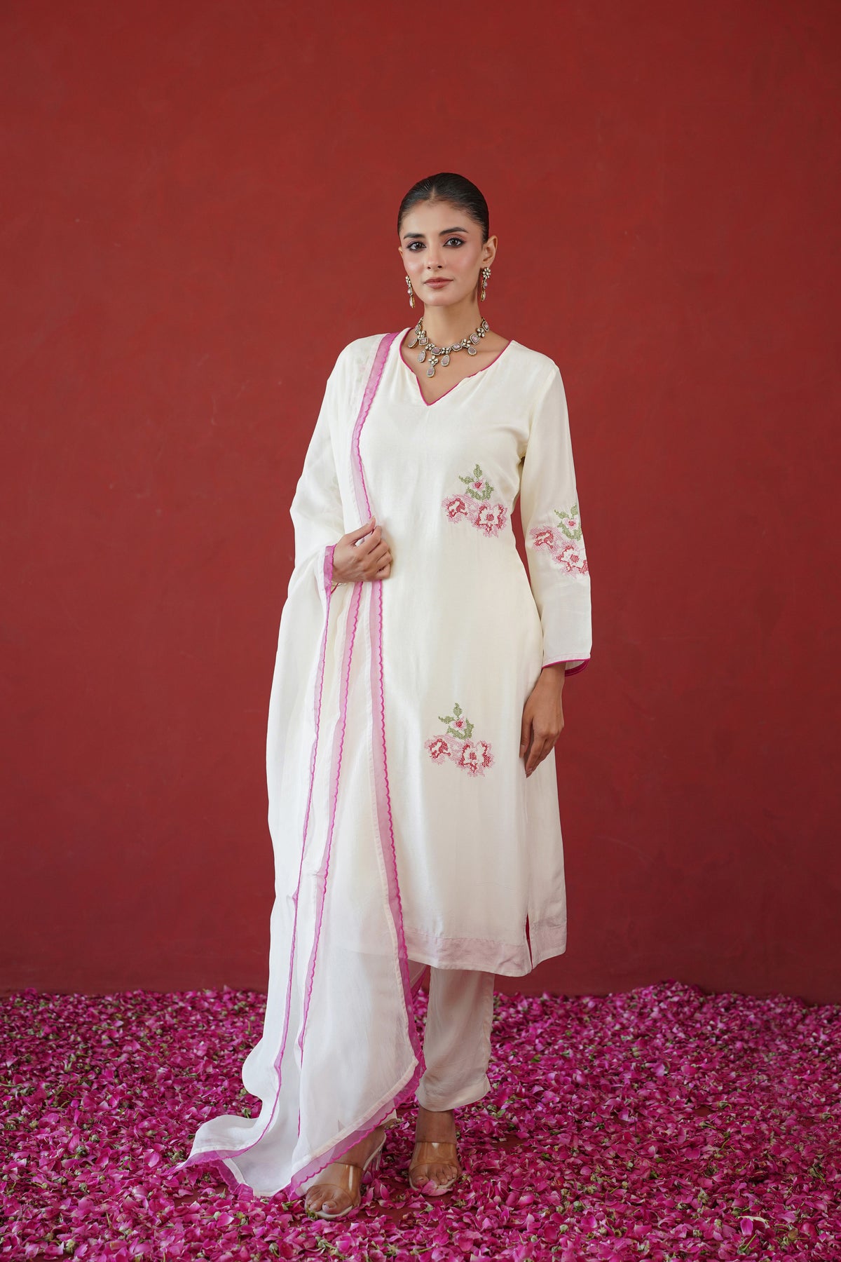 White Floral Embroidered Suit Set