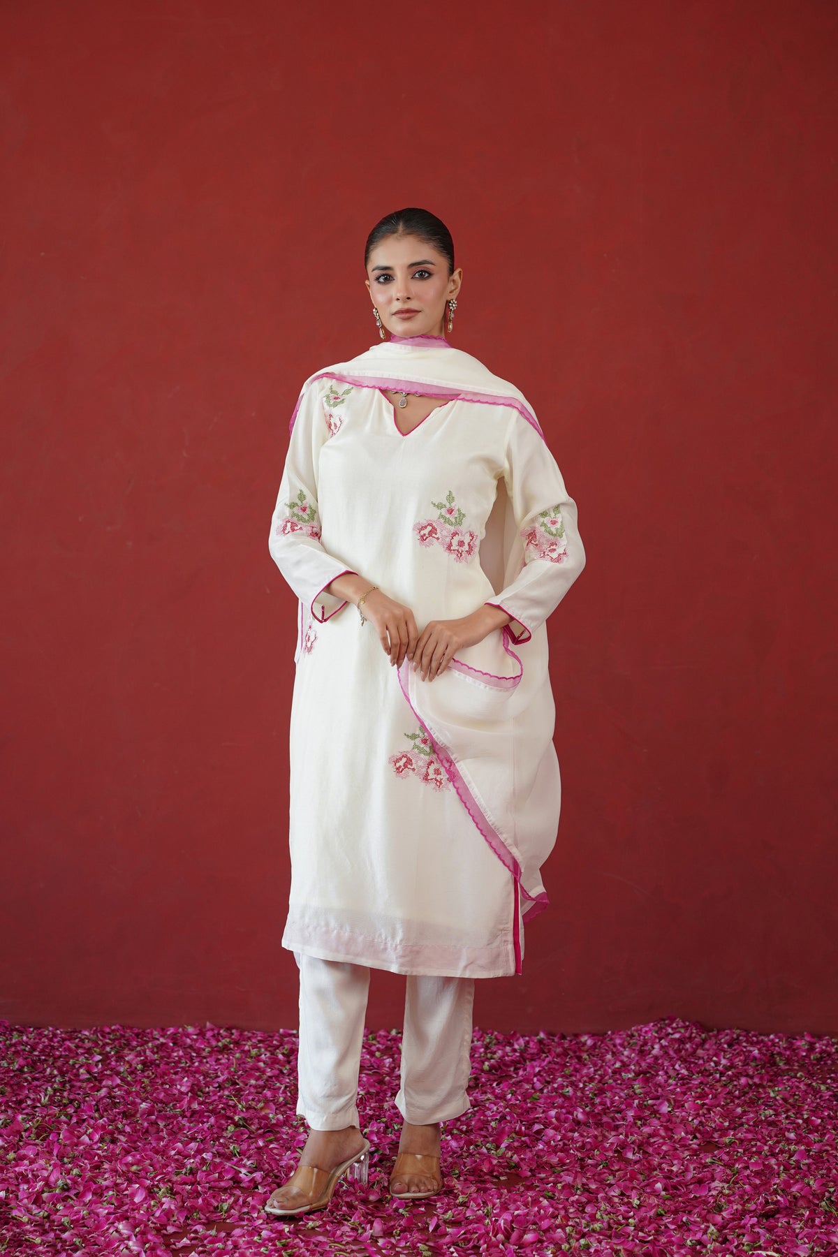 White Floral Embroidered Suit Set