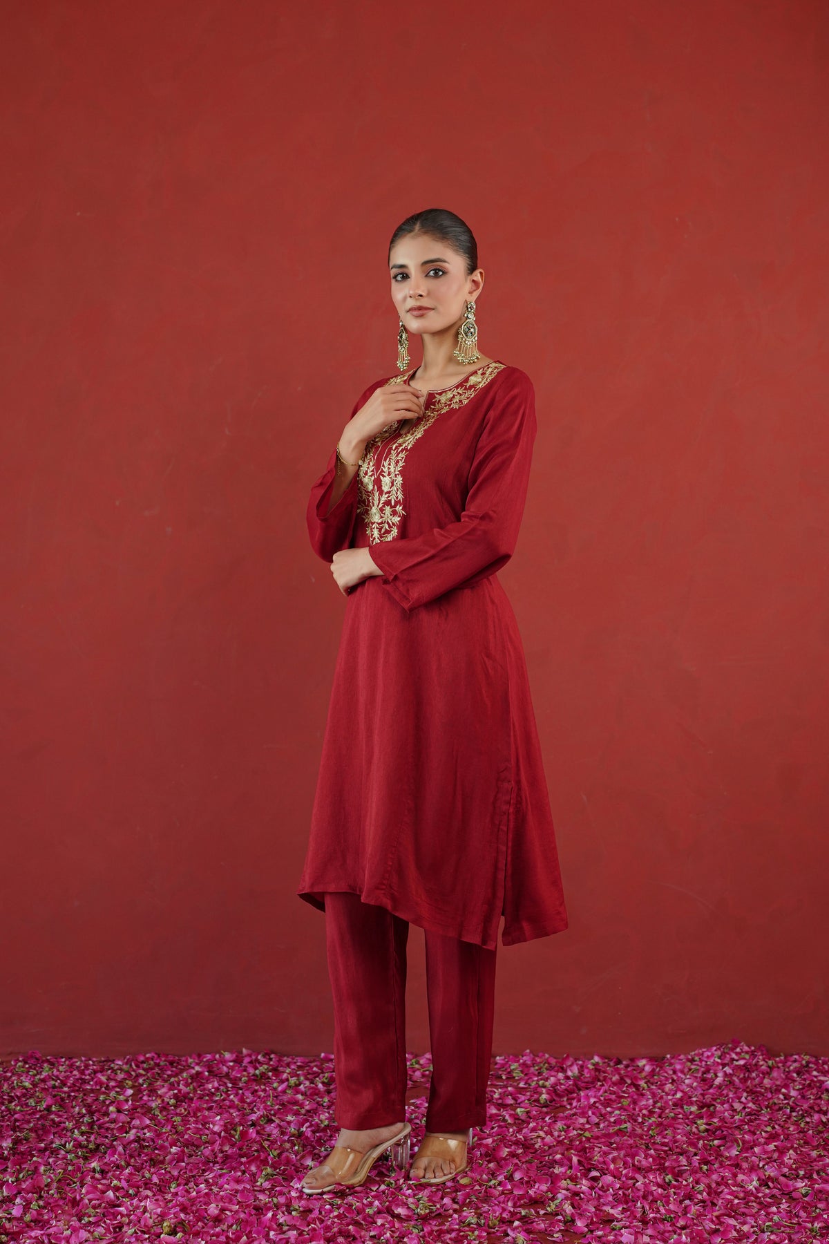 Red Zari Embroidered Tunic Set