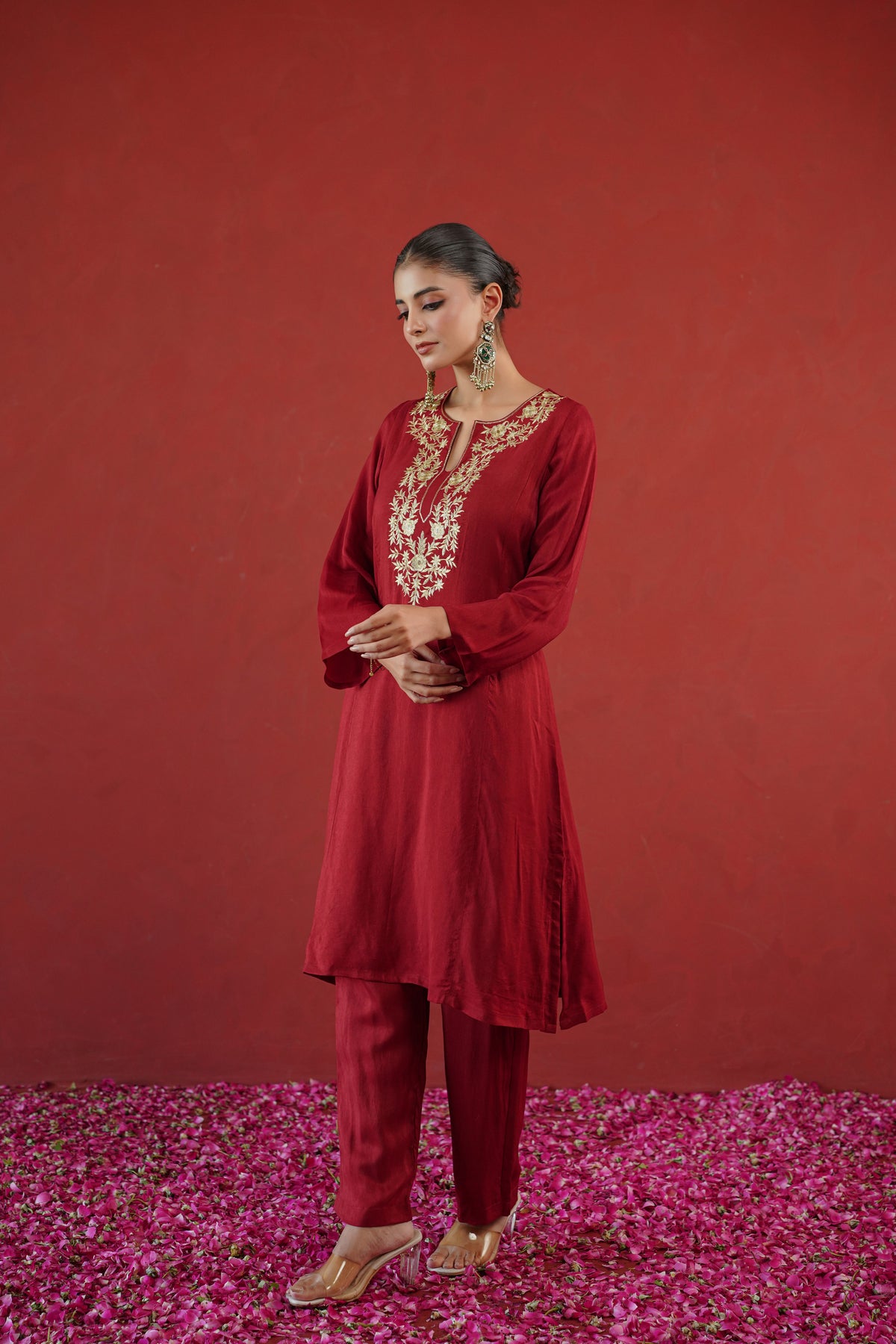 Red Zari Embroidered Tunic Set