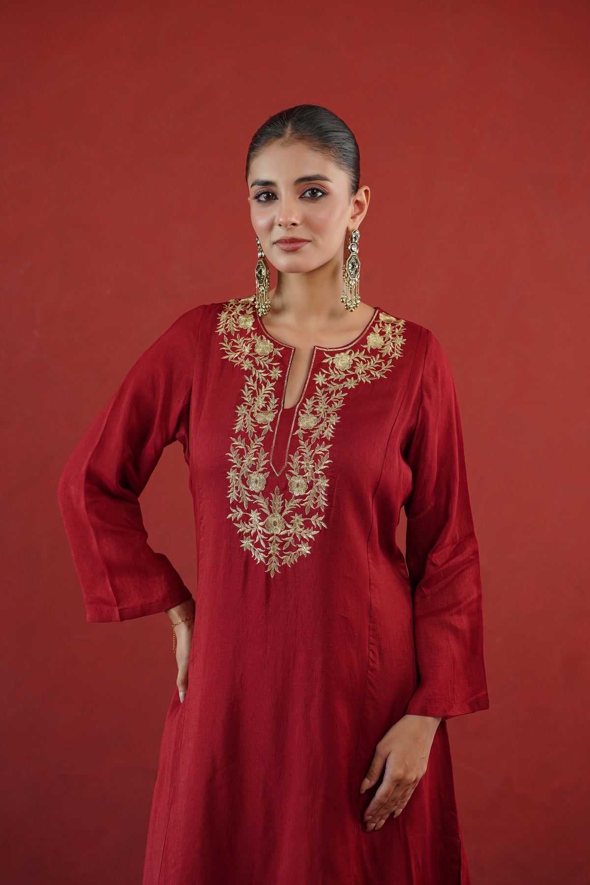 Red Zari Embroidered Tunic Set