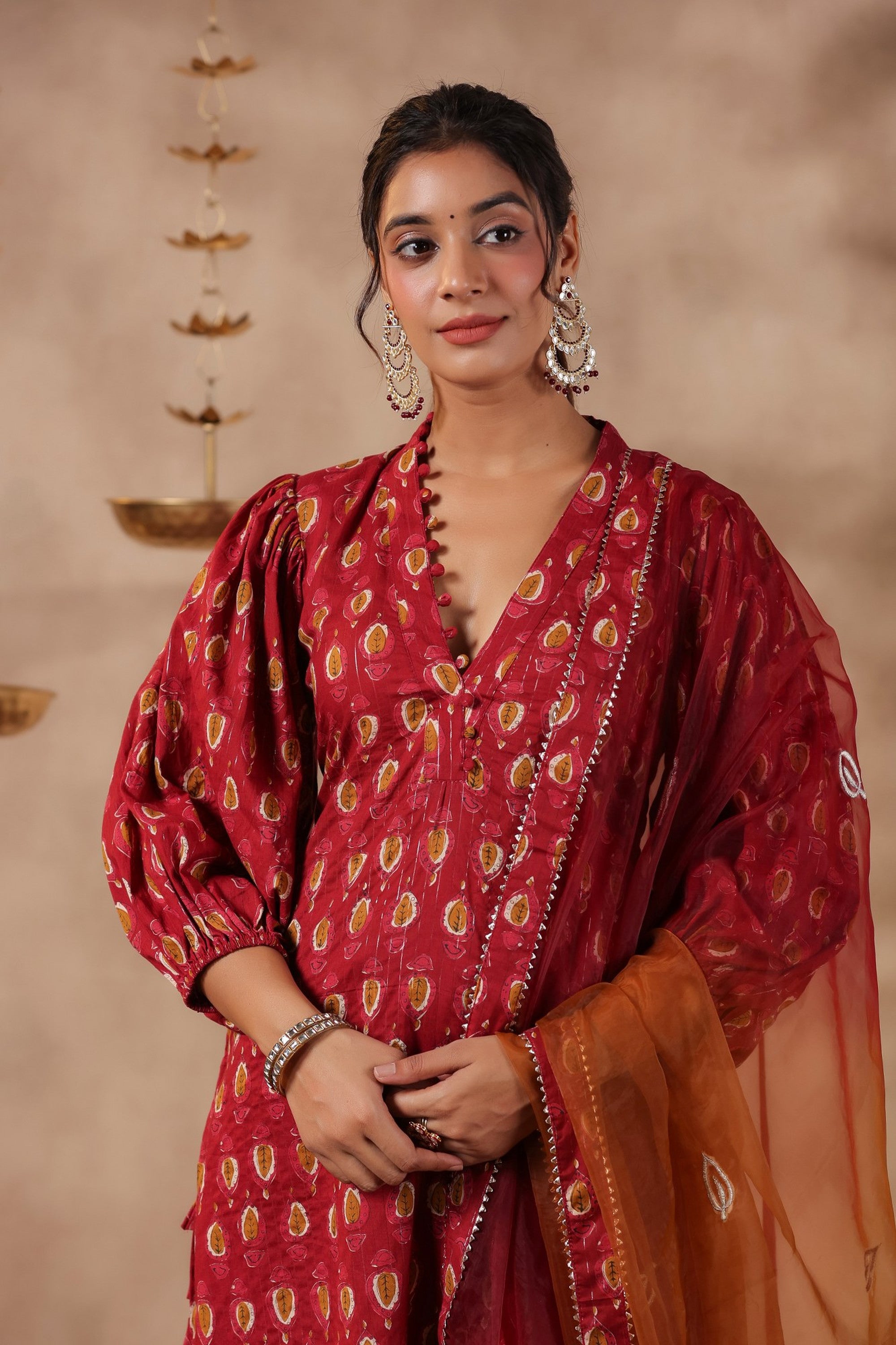 Maroon Cotton Printed Straight Kurta Set With Embroidery Duptta Set Of 3