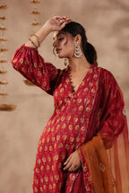 Maroon Cotton Printed Straight Kurta Set With Embroidery Duptta Set Of 3