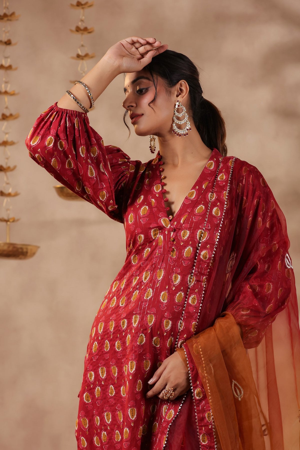 Maroon Cotton Printed Straight Kurta Set With Embroidery Duptta Set Of 3