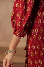 Maroon Cotton Printed Straight Kurta Set With Embroidery Duptta Set Of 3
