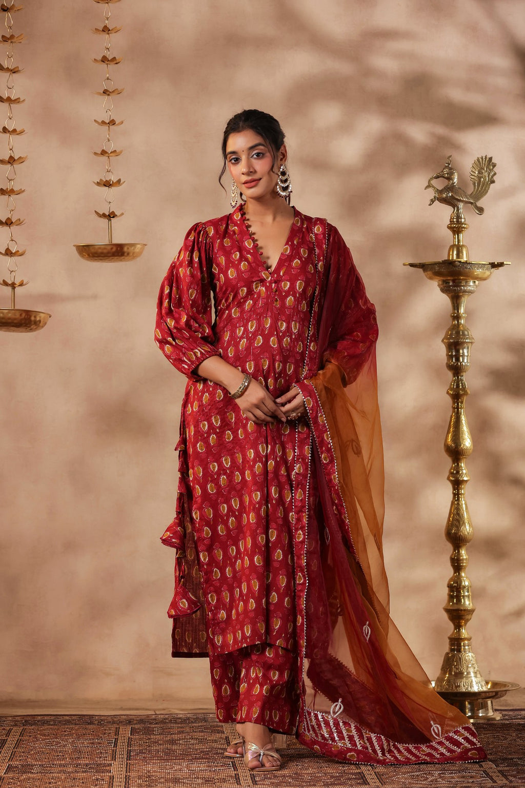 Maroon Cotton Printed Straight Kurta Set With Embroidery Duptta Set Of 3
