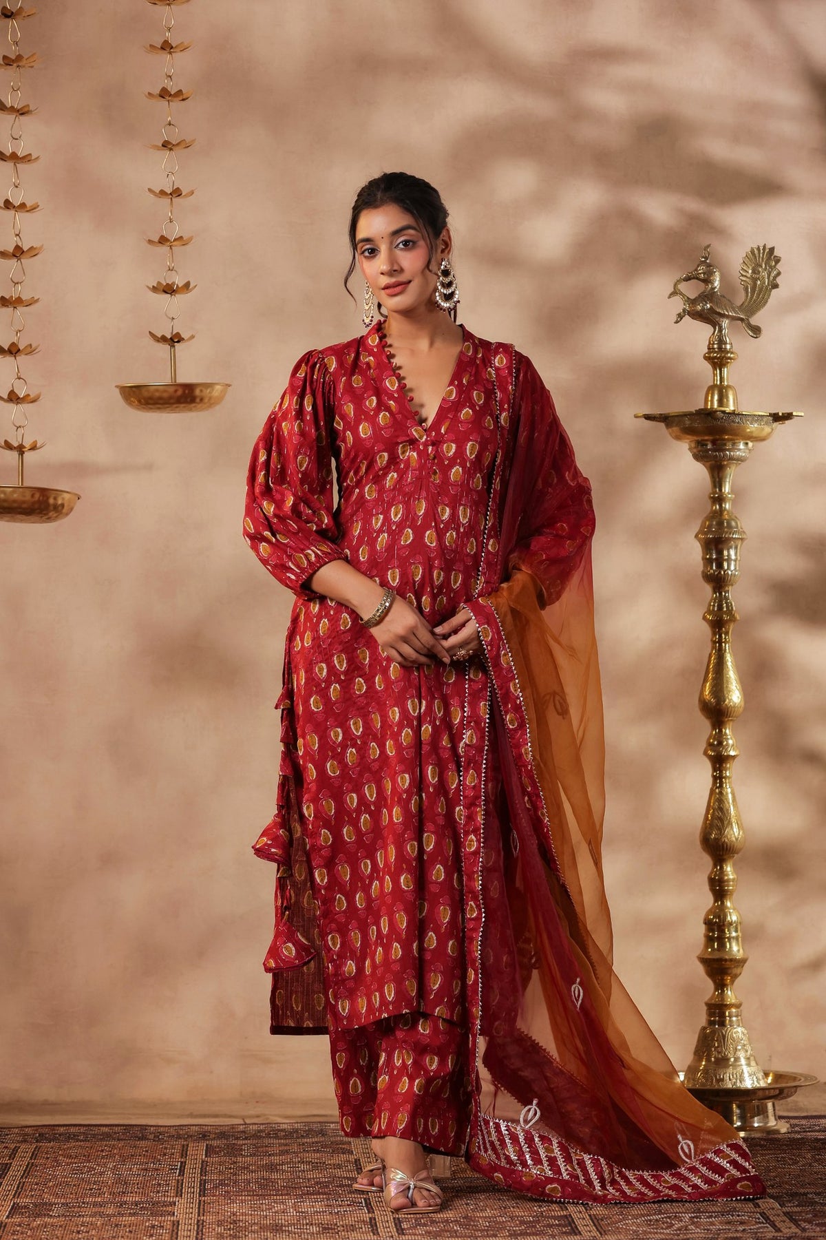 Maroon Cotton Printed Straight Kurta Set With Embroidery Duptta Set Of 3