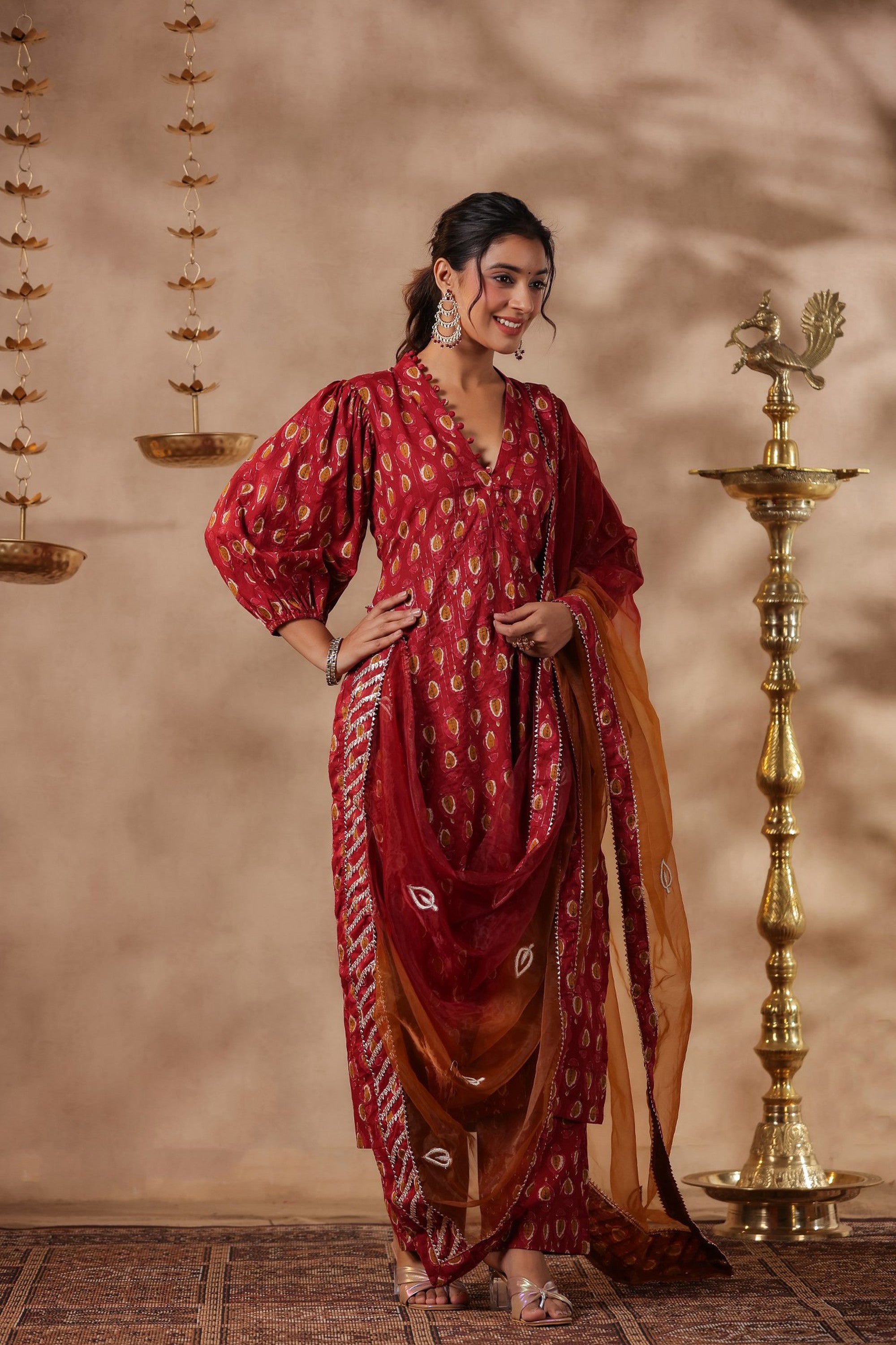 Maroon Cotton Printed Straight Kurta Set With Embroidery Duptta Set Of 3