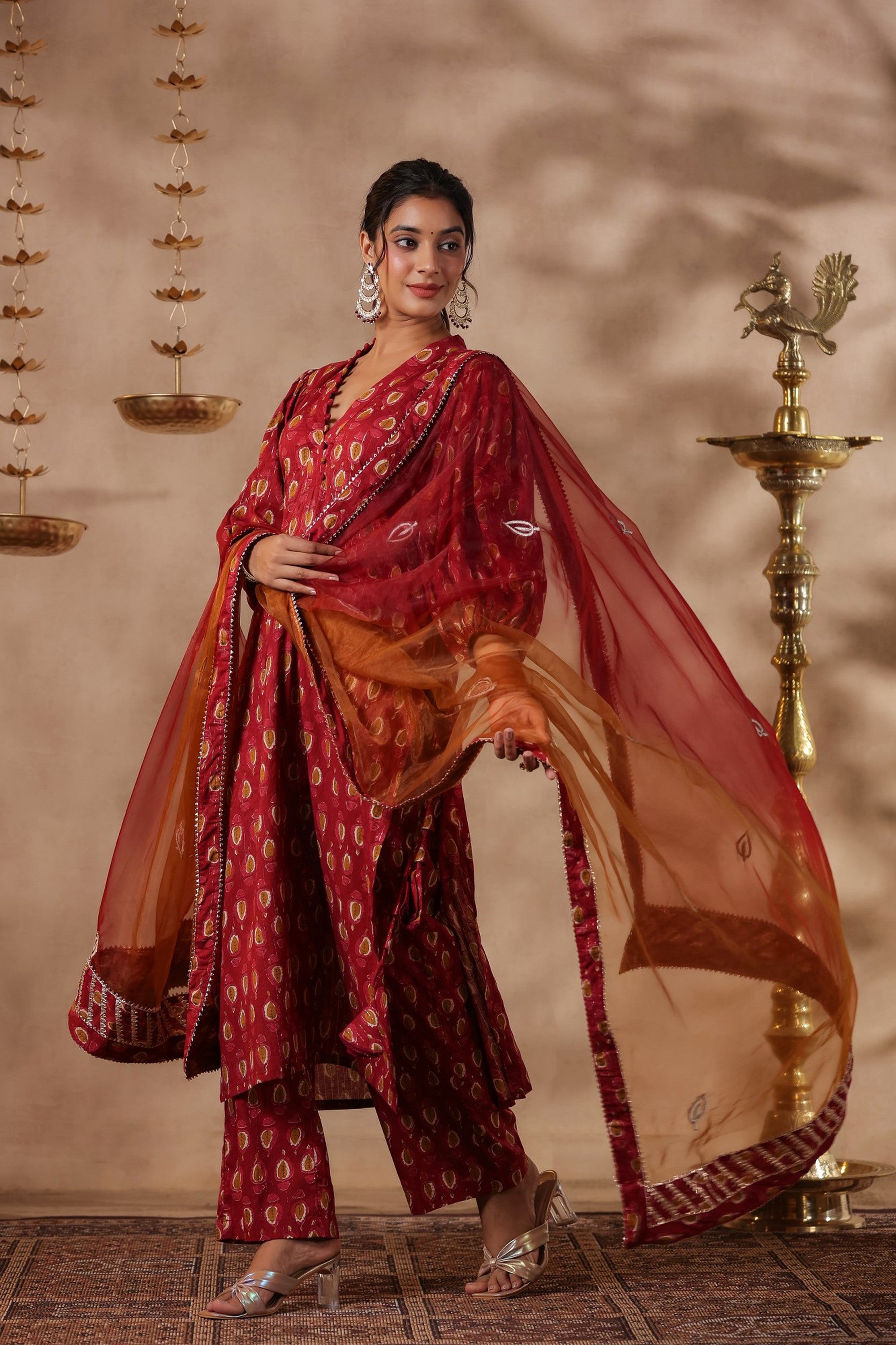 Maroon Cotton Printed Straight Kurta Set With Embroidery Duptta Set Of 3