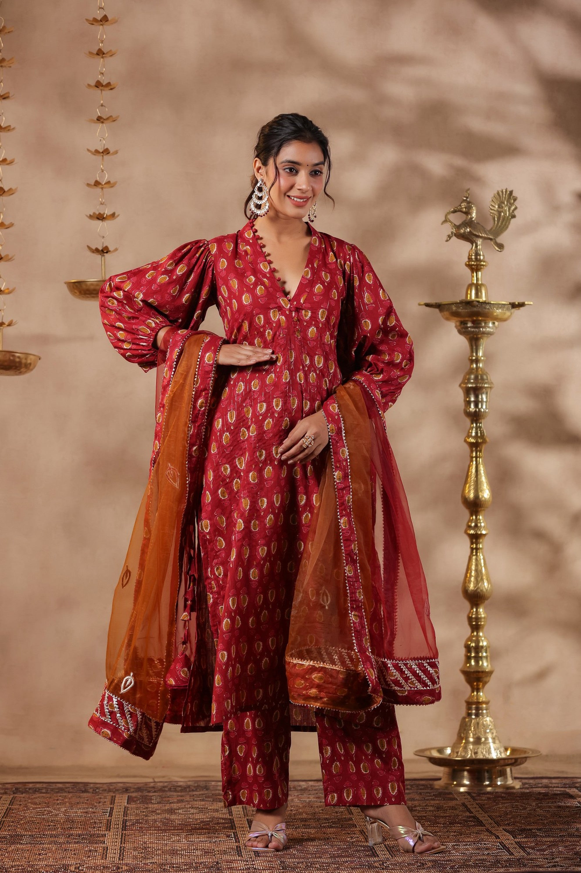 Maroon Cotton Printed Straight Kurta Set With Embroidery Duptta Set Of 3