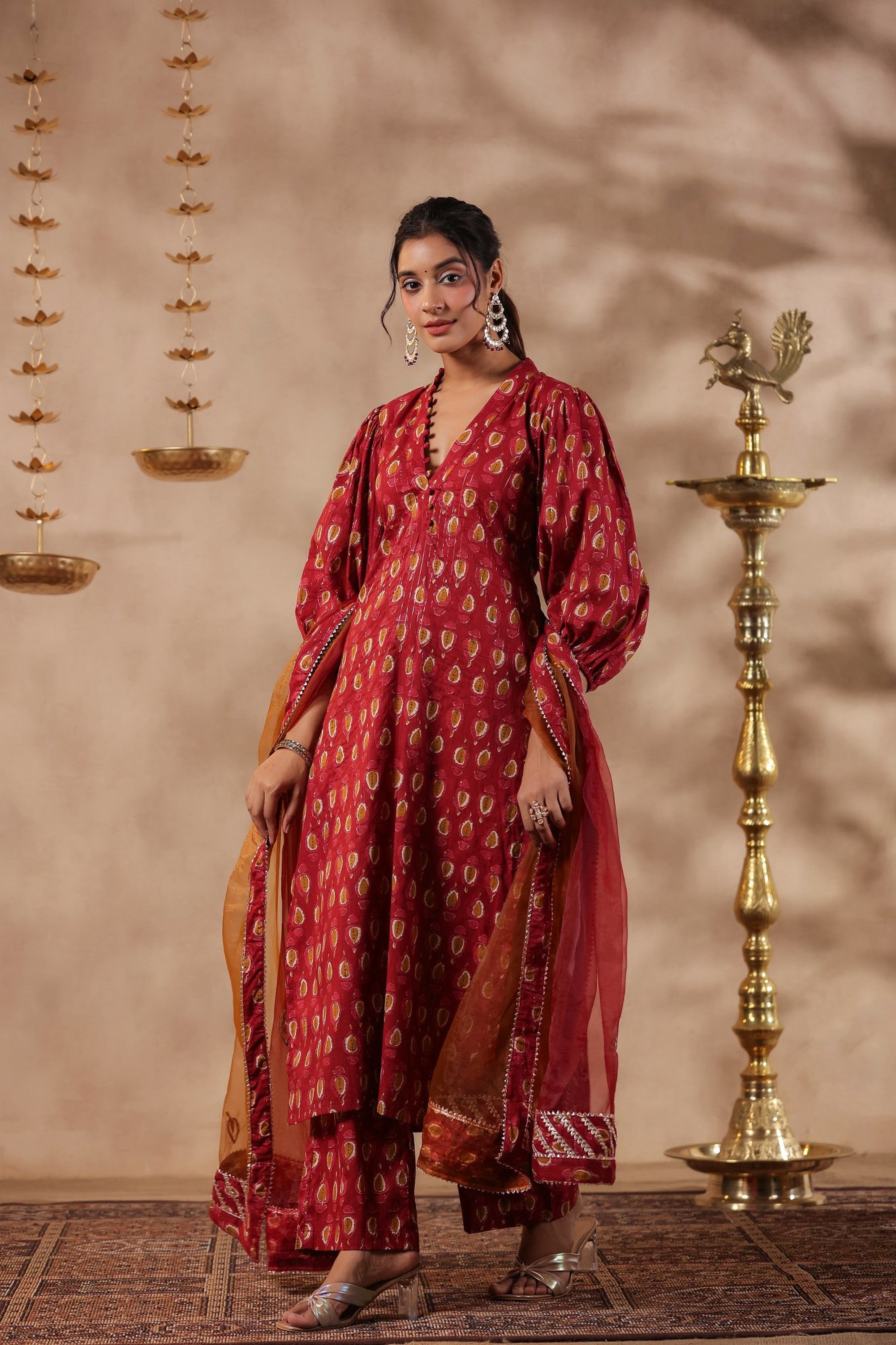 Maroon Cotton Printed Straight Kurta Set With Embroidery Duptta Set Of 3