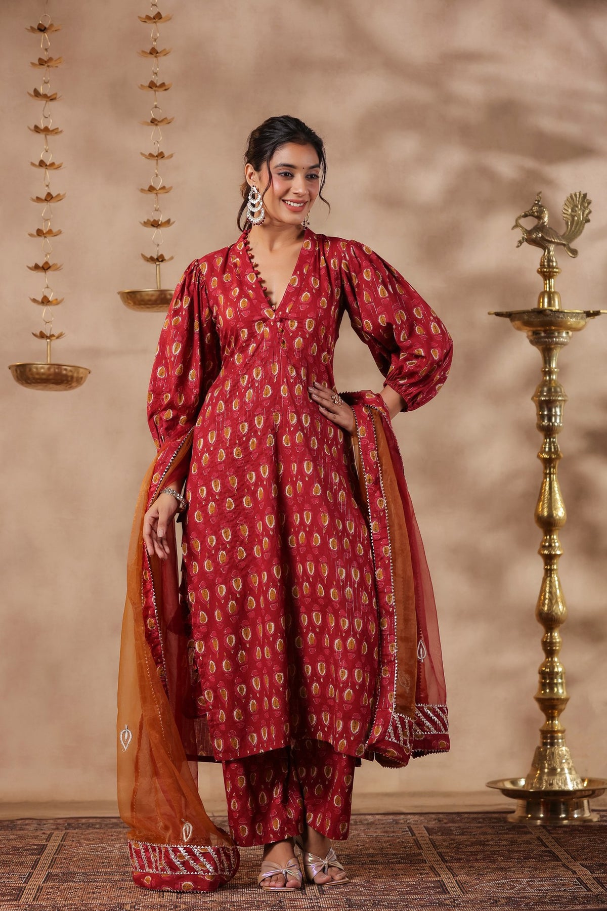 Maroon Cotton Printed Straight Kurta Set With Embroidery Duptta Set Of 3