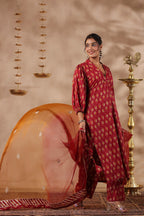 Maroon Cotton Printed Straight Kurta Set With Embroidery Duptta Set Of 3