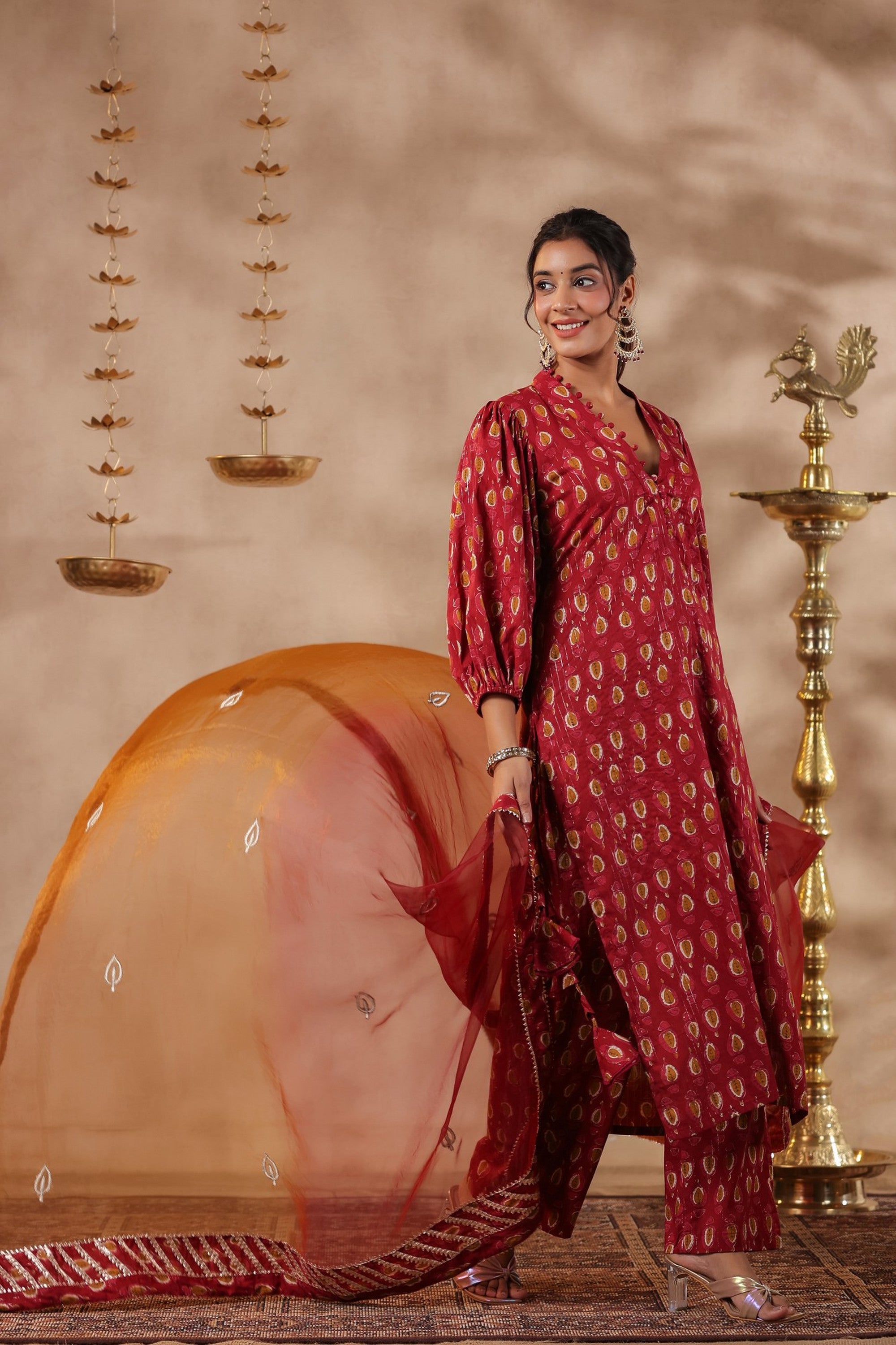 Maroon Cotton Printed Straight Kurta Set With Embroidery Duptta Set Of 3