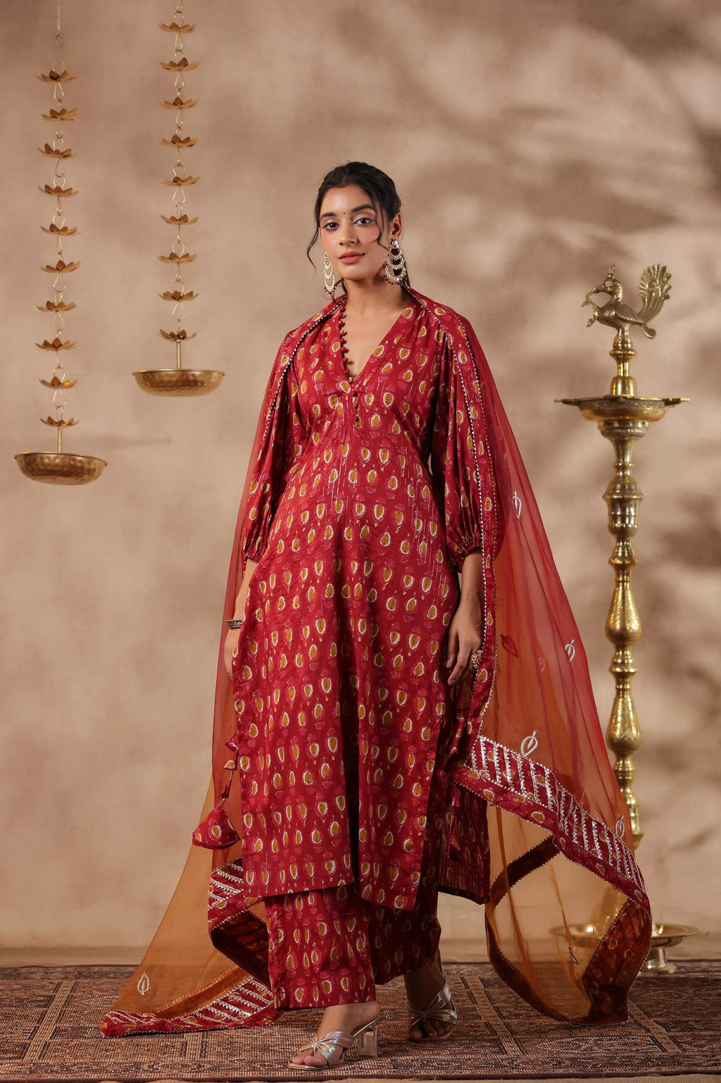Maroon Cotton Printed Straight Kurta Set With Embroidery Duptta Set Of 3
