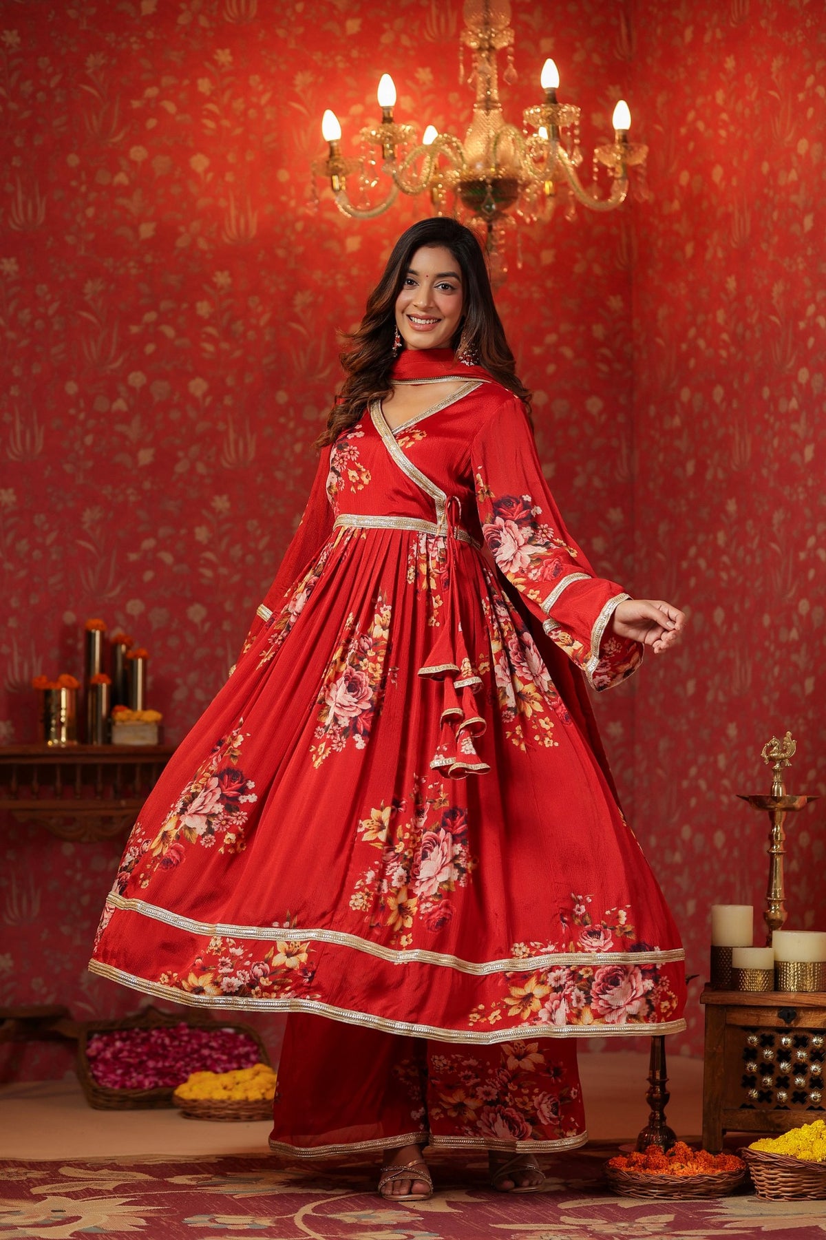 Maroon Chinon Printed Lace Deatiling Angarkha Anarkali Set Of 3