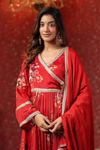 Maroon Chinon Printed Lace Deatiling Angarkha Anarkali Set Of 3