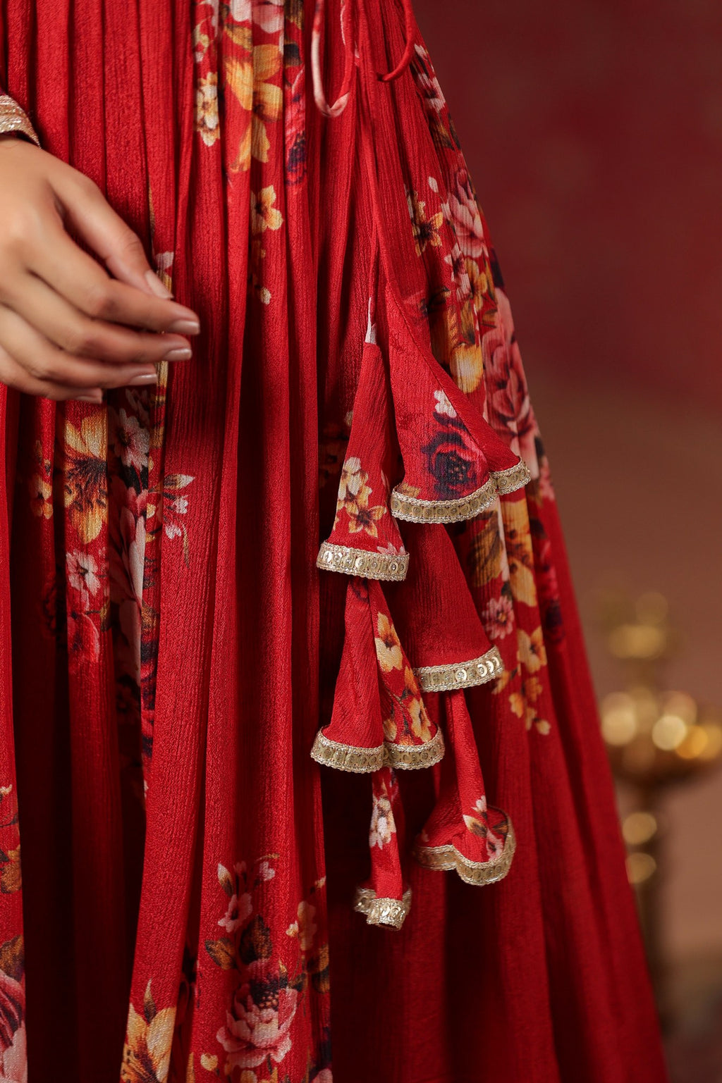 Maroon Chinon Printed Lace Deatiling Angarkha Anarkali Set Of 3