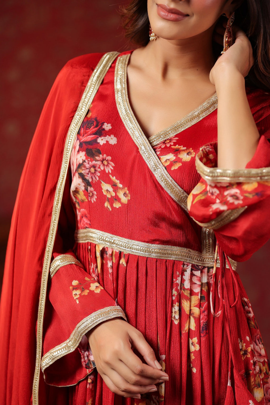 Maroon Chinon Printed Lace Deatiling Angarkha Anarkali Set Of 3