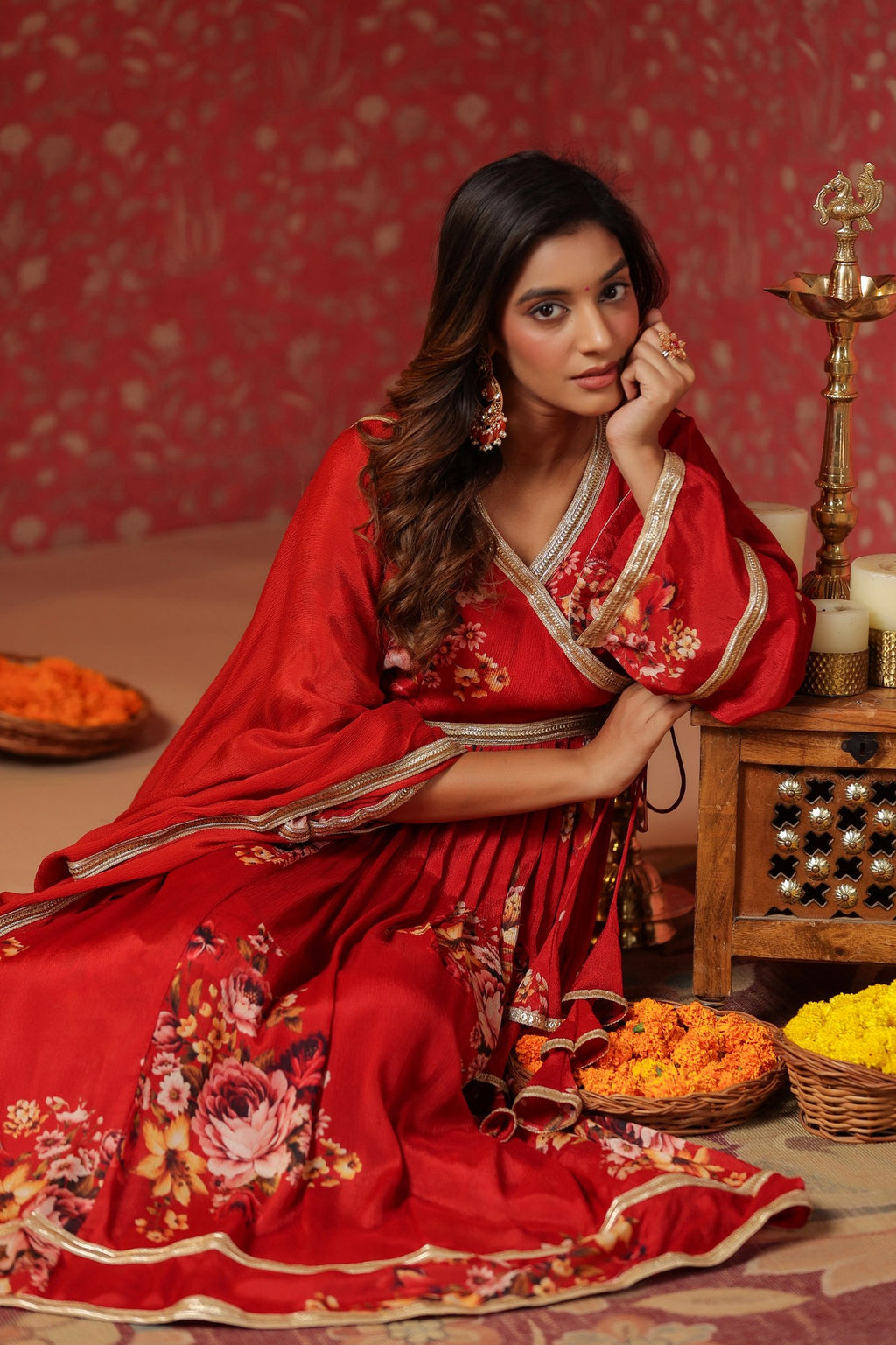 Maroon Chinon Printed Lace Deatiling Angarkha Anarkali Set Of 3