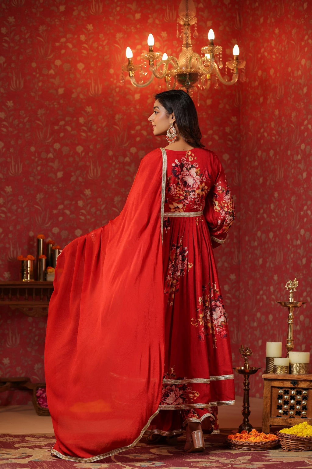 Maroon Chinon Printed Lace Deatiling Angarkha Anarkali Set Of 3