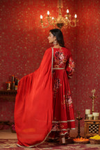 Maroon Chinon Printed Lace Deatiling Angarkha Anarkali Set Of 3