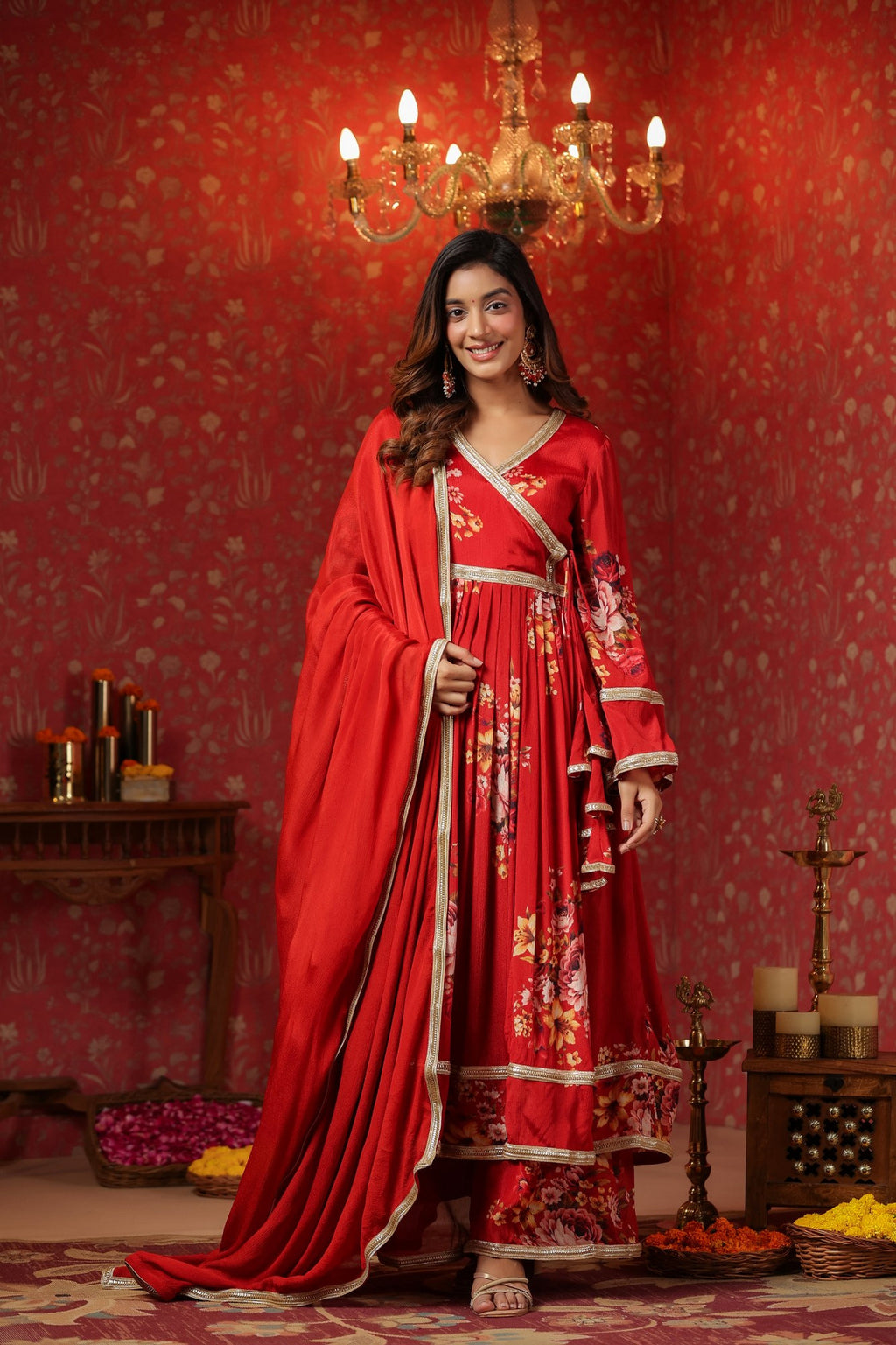 Maroon Chinon Printed Lace Deatiling Angarkha Anarkali Set Of 3