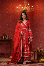 Maroon Chinon Printed Lace Deatiling Angarkha Anarkali Set Of 3