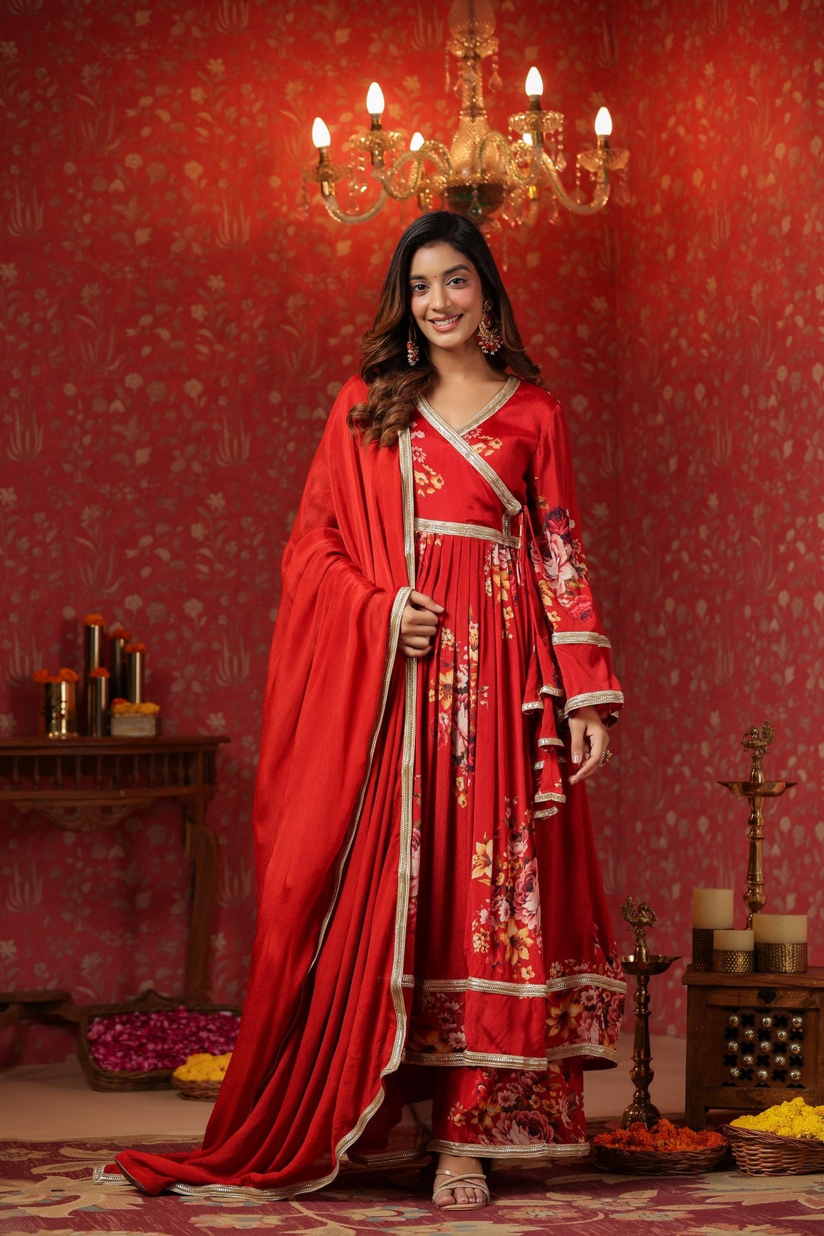 Maroon Chinon Printed Lace Deatiling Angarkha Anarkali Set Of 3