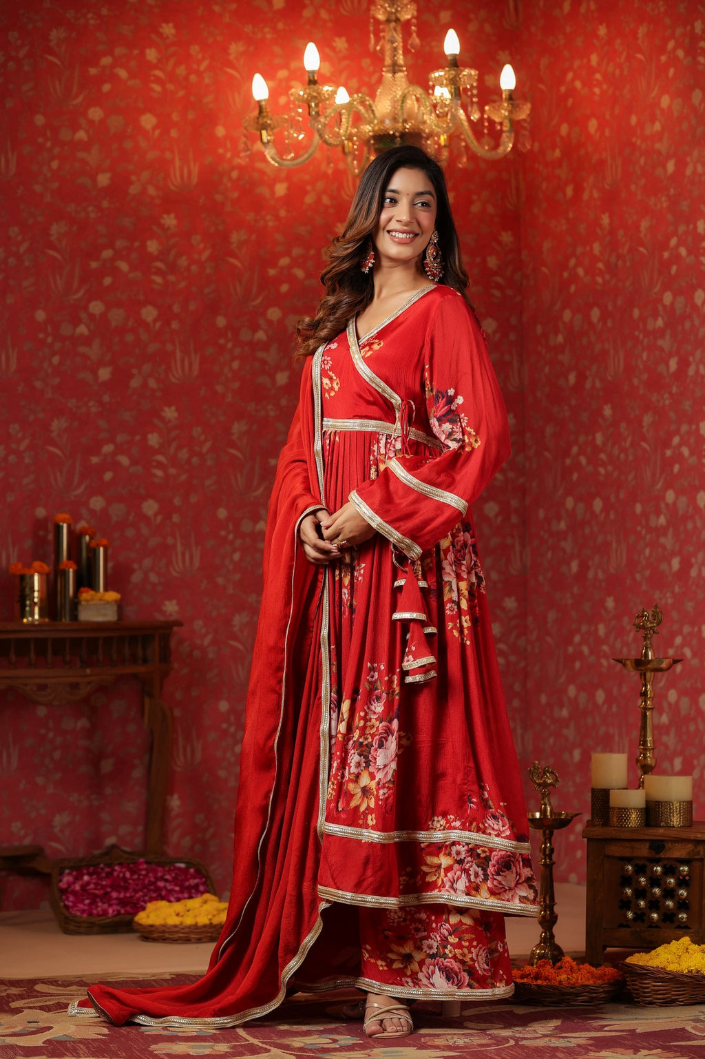 Maroon Chinon Printed Lace Deatiling Angarkha Anarkali Set Of 3